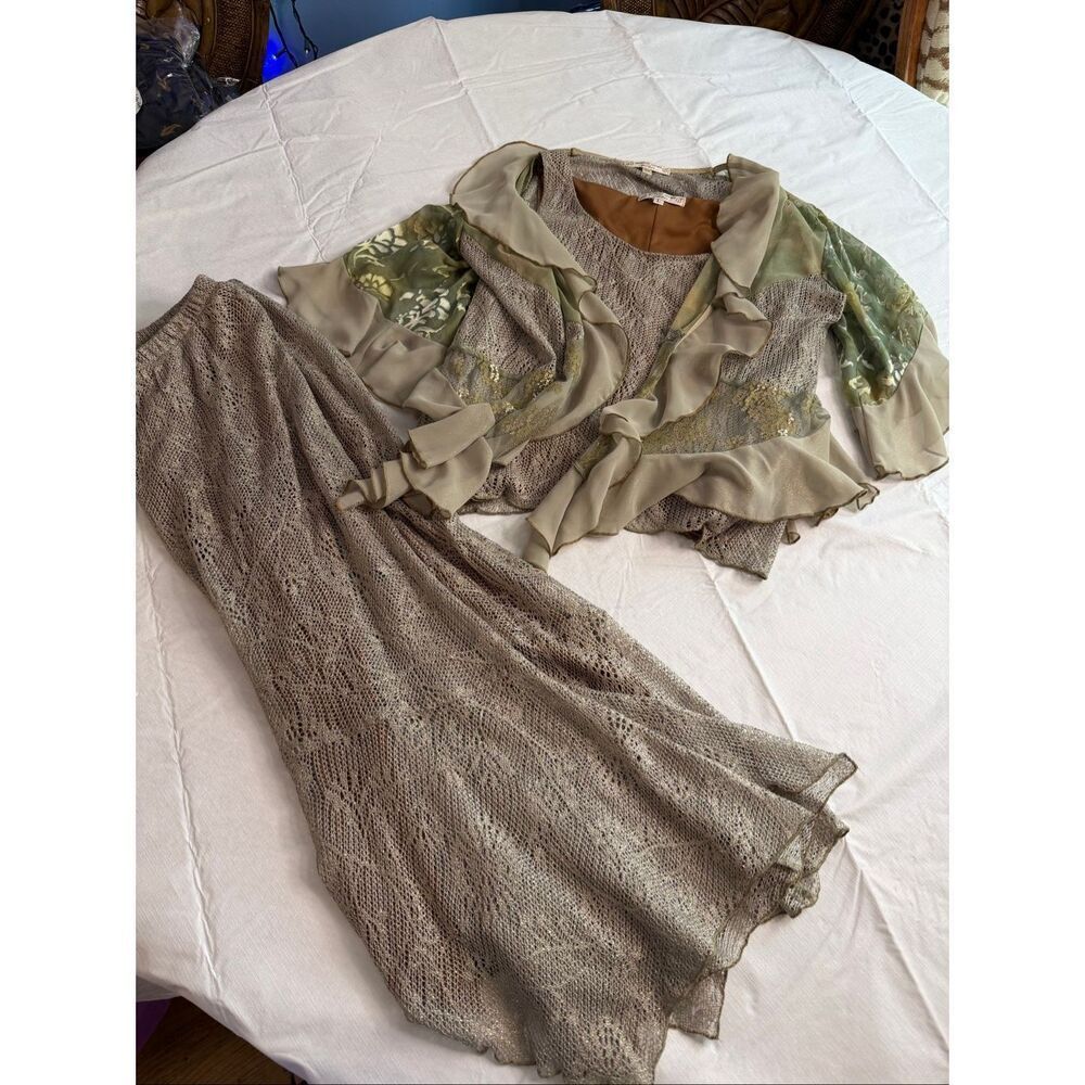 Spencer Alexis VTG 3 pc Knit Skirt Set Boho Fairy Lagenlook Ruffle Mesh Size M/L